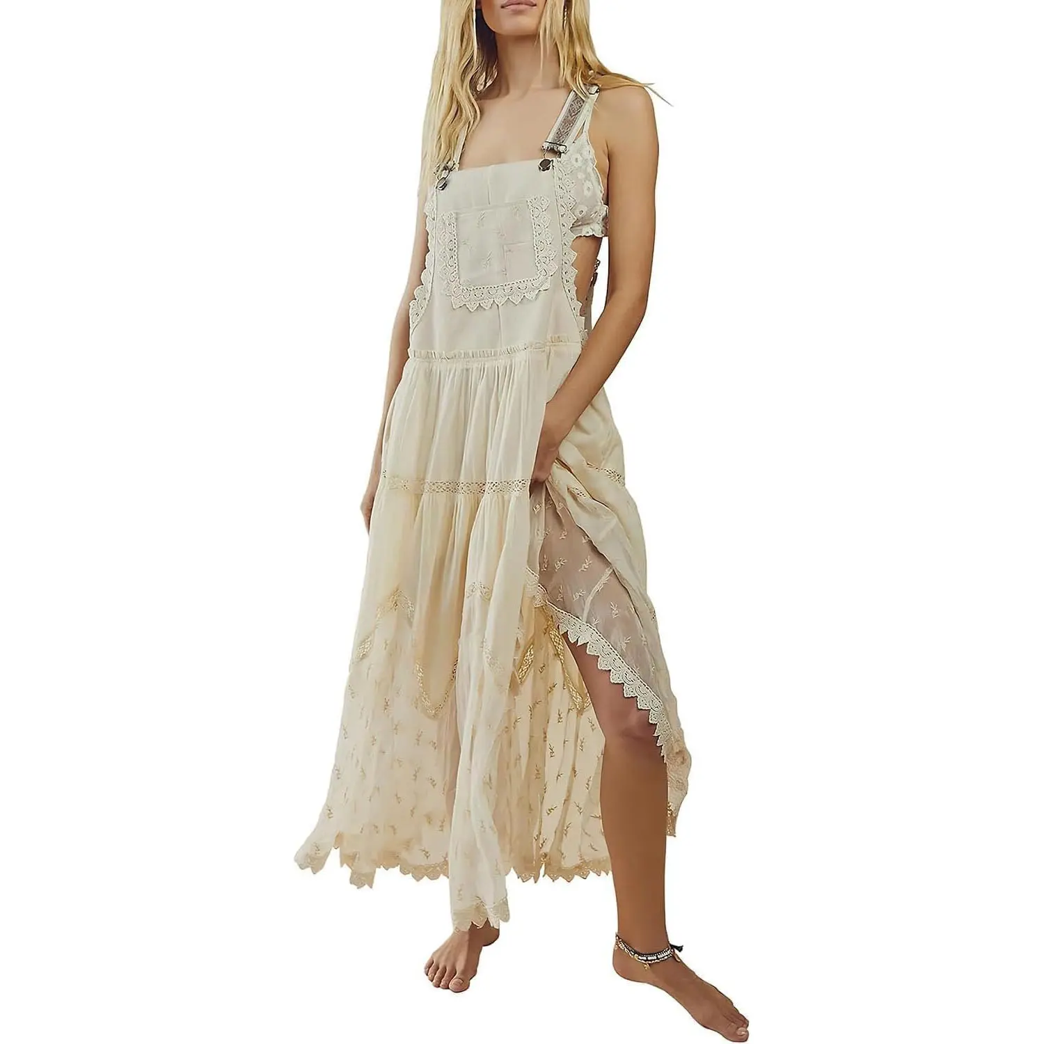 Loveimgs Women's Long Suspender Dress — Lace-Embroidered Tulle Design, Loose-Fit Casual Dress