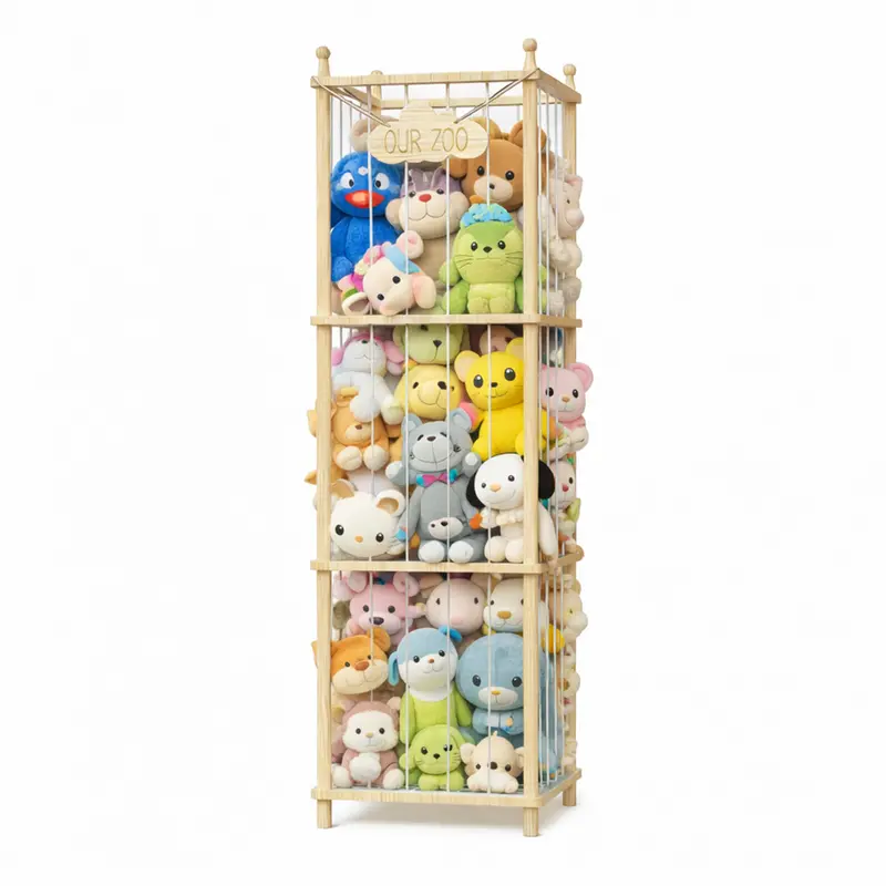COZPAW Large Rectangular Wooden Stuffed Animal Storage Zoo Tower - Floor-Standing Decorative Rack, Storage Organization Holder with Elastic Band, Mesh Bottom, Mount for Kids' Room