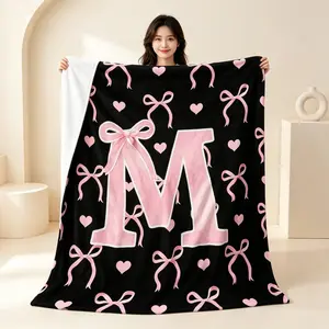 Initial Letter A-Z Flannel Blanket Throw for Kids & Adults, Girls Black Pink M Alphabet Fleece Blanket, Ombre Bow Cute Love Hearts Aesthetic Girly Fairy Microfiber Fuzzy Plush Throw, Kids Blanket Adult Blanket, Soft Cozy blankets Gift