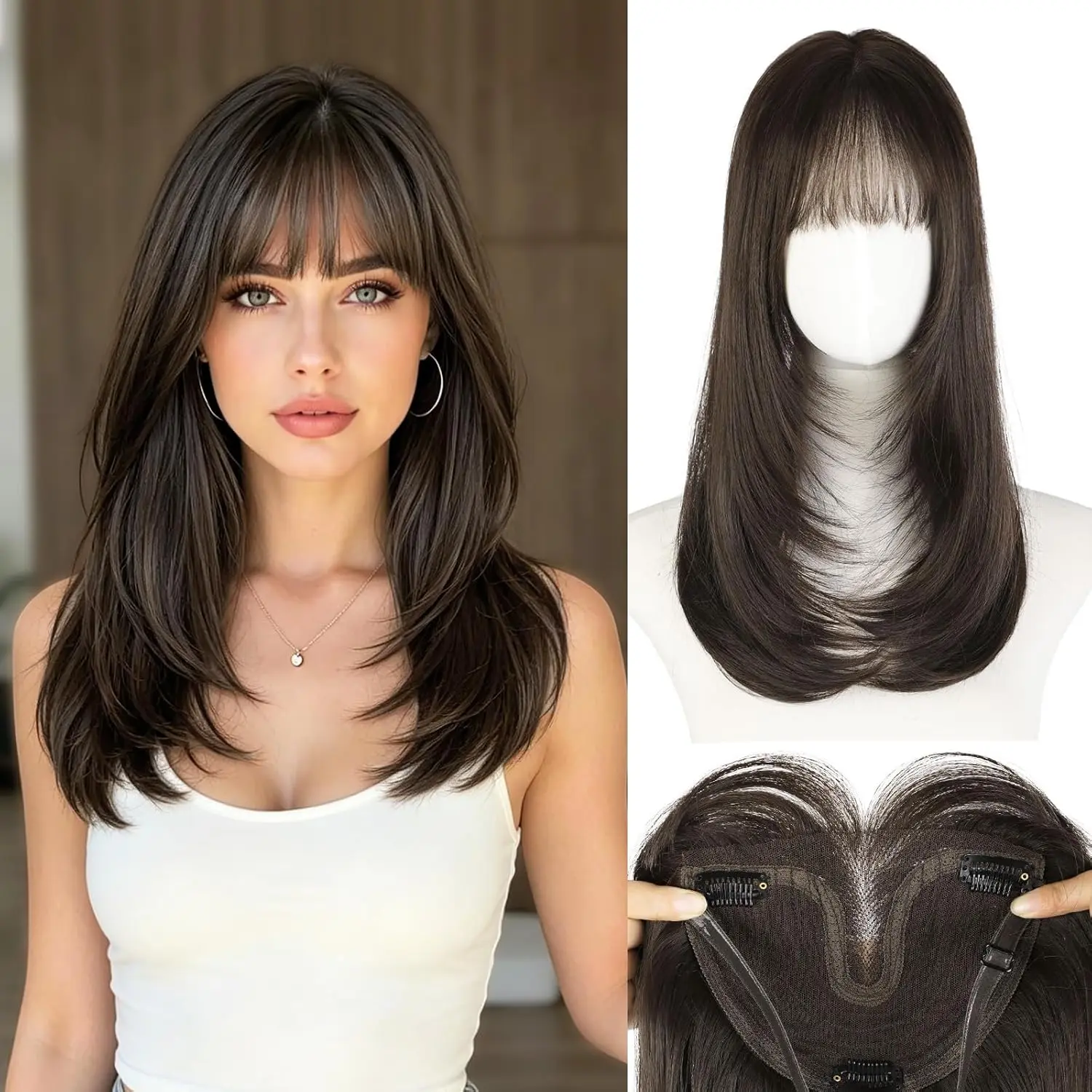 Women’s Synthetic Wig Hair Topper for Thinning Hair - 20in Layered Silky Straight Clip-In Piece with Bangs Frame, 3D Lightweight Seamless Big Base, Adjustable Band, Easy to Wear & Secure, Boosts Volume