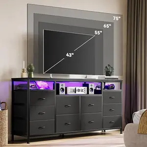 63" Long TV Stand Dresser with 10 Fabric Drawers, Safety Power Outlet & LED Lights, Sturdy Storage Unit for 75 Inch TV, Modern Dresser for Bedroom, Living Room