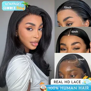WOWANGEL 100% Human Hair  13x6 Real HD Lace Front Wigs Lace Glueless 13x6 Full Frontal Wig Straight Texture 180% 250% Density Black Wig Pre-Plucked Hairline