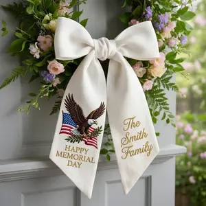 Embroidered Memorial Day Wreath Sash Bow, Patriotic Eagle USA Decor, Custom Family Name Door Sash, 4th of July Porch Decoration