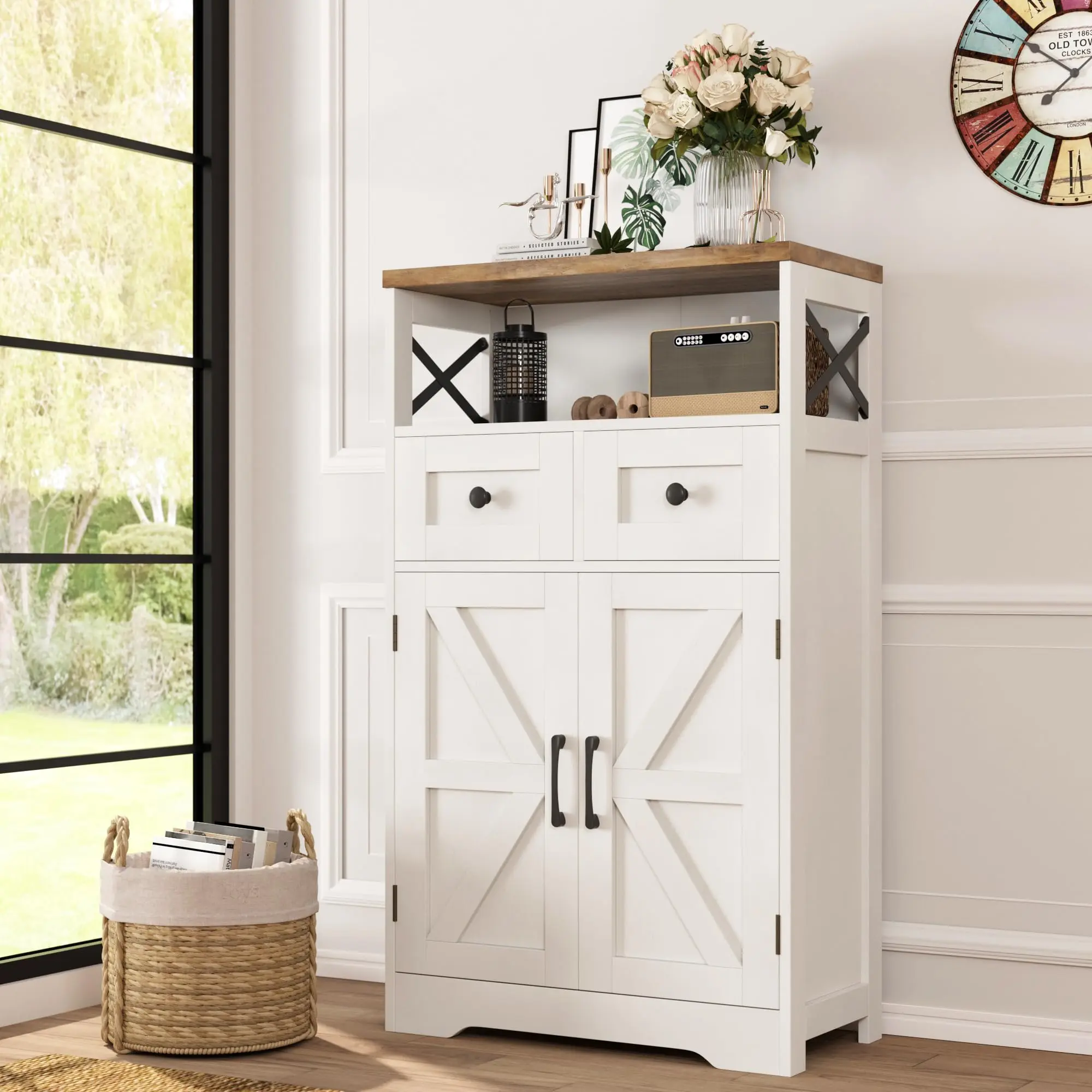 [Summergarden] Vabches Modern Free-Standing Wooden Barn Doors Storage Cabinet with Drawers, Freestanding Farmhouse Pantry Hutch Cupboard for Kitchen, Living Room, Multiple Spaces