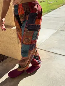 Boho Patchwork Hippie Tapered Pants with Pocket and Elastic Waist