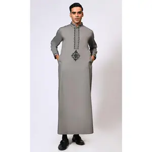 Artisanal Embroidery: Men's Grey Thobe Crafted with Attention to Detail