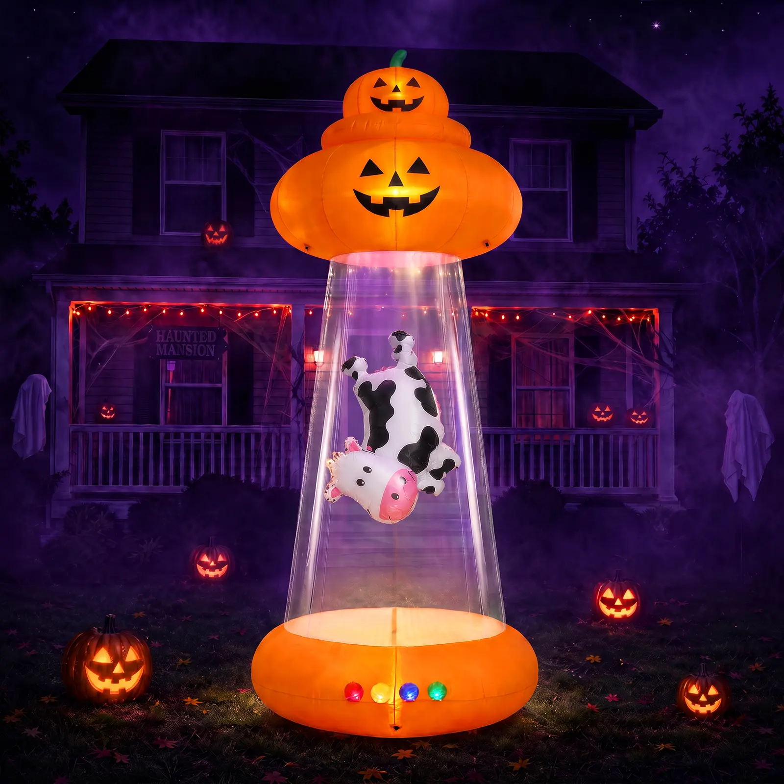 9FT Halloween Inflatable Pumpkin UFO Yard Decoration, Kid Crawl-Through Tunnel, 85s Fast Inflating Outdoor Lawn Decor with RGB Chasing Lights, IP44 Waterproof, 19.7FT Power Cord (Also: 11.5FT Animated Dragon & 9FT Dynamic Ghost Witch Combo)