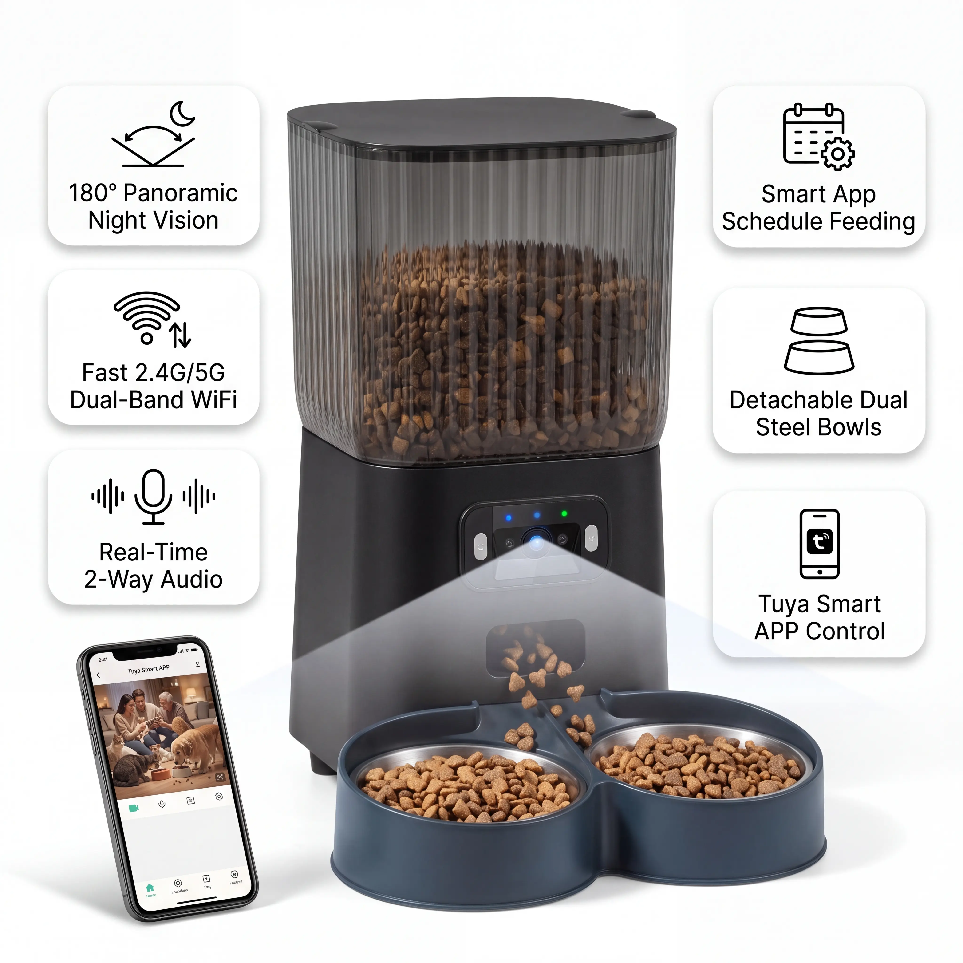 Tuya Smart 5L Pet Camera Feeder for Multi-Pet Families - 1080P 180° Wide-Angle Camera, Infrared Night Vision, 2.4G/5G WiFi, Motion Alerts, 2-Way Talk, Double Stainless Steel Bowls