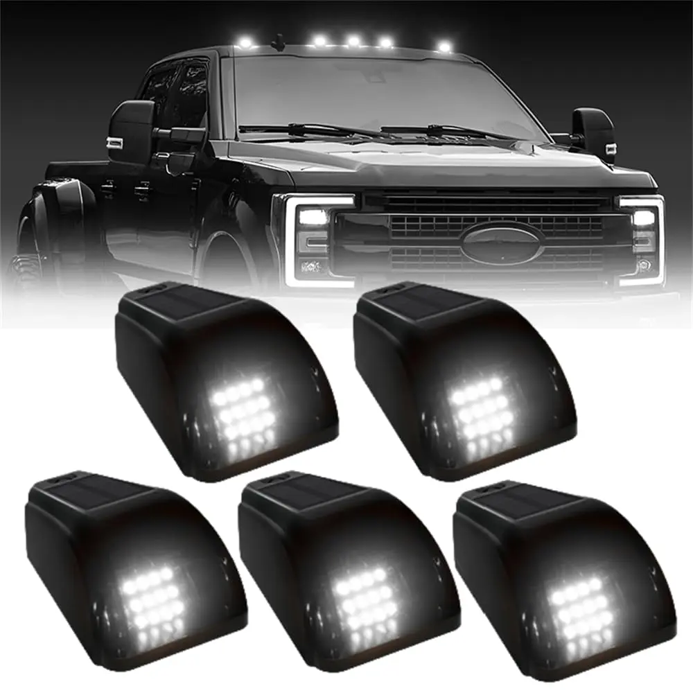 Wireless Solar Powered Cab Lights for Truck, White Light, 5PCS Wireless No Drill Black Cab Lights, Vibration Sensor Truck Cab Roof Lights for Car