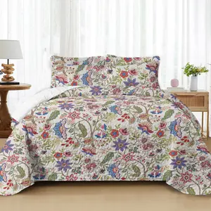 Boho Style Lightweight Quilted Thin Comforter, Rustic Vintage Bedspread, All-Season Bedding Set (King / Queen size includes 2 pillowcases, Twin size includes 1 pillowcase)