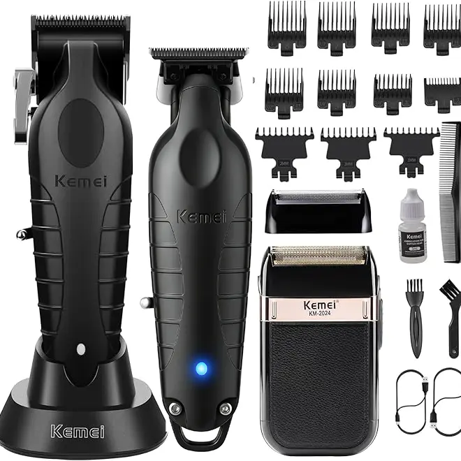 Kemei 2299+2296+2024 Professional Cordless Rechargeable Male Grooming Set - USB-Charging Electric Shaver with Stainless Blades, Hair Clippers, Beard Trimmers, Faded Cutting Shears, Brush, Guide Combs, Smooth Performance, Suitable for Home Haircuts