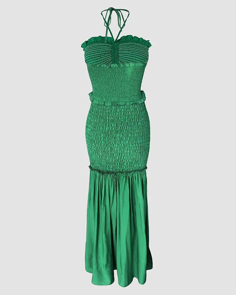 ChicMe Women's Green Dress Sexy Sweetheart Neck Frill Trim Shirred Maxi  Dress/Seaside Vacation Sleeveless Skirt/Summer Dress Elegant Cutout Mermaid  Hem Evening Dress - TikTok Shop