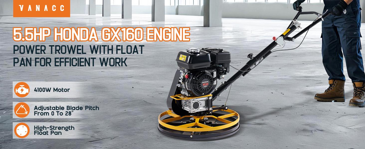 VanAcc 24"/35" Power Trowel, 5.5 HP Honda Engine with Float Pan, Walk-Behind Concrete Trowel with 4 Blades, Heavy Duty Gas-Powered Commercial Screed Cement Surface Finisher