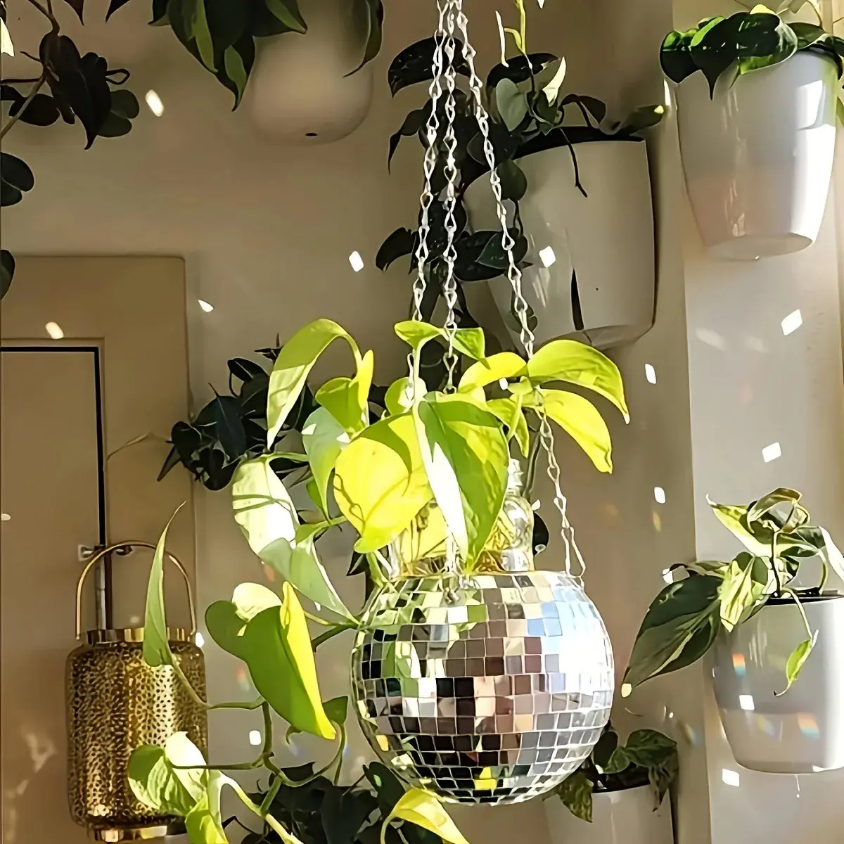 Disco Mirror Ball Hanging Planter Basket Succulent Pot Wall Decor Vase Home