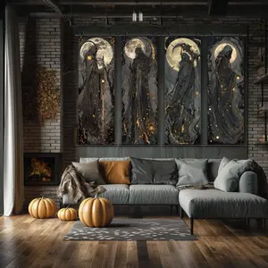 4 Counts Halloween Hanging Banner， Dark Gold Moon Reaper Posters， Halloween Mural And Decorative Posters， Fun Party Decorations， Horror Themes， Living Room， Bedroom， Home Posters， High Definition， Waterproof， Ideal Gifts
