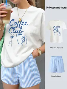 Women's Home Wear Set, Lady Coffee Club Print Round Neck T-Shirt + Striped Shorts, Casual Loose-Fit T-Shirt, All Seasons, Womenswear, Clothes