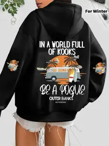 Women's Outer Banks Printed Hoodie, Loose-Fit Thicken Fabric, Minimalist Style, Fall & Winter Wear, Casual Daily Use