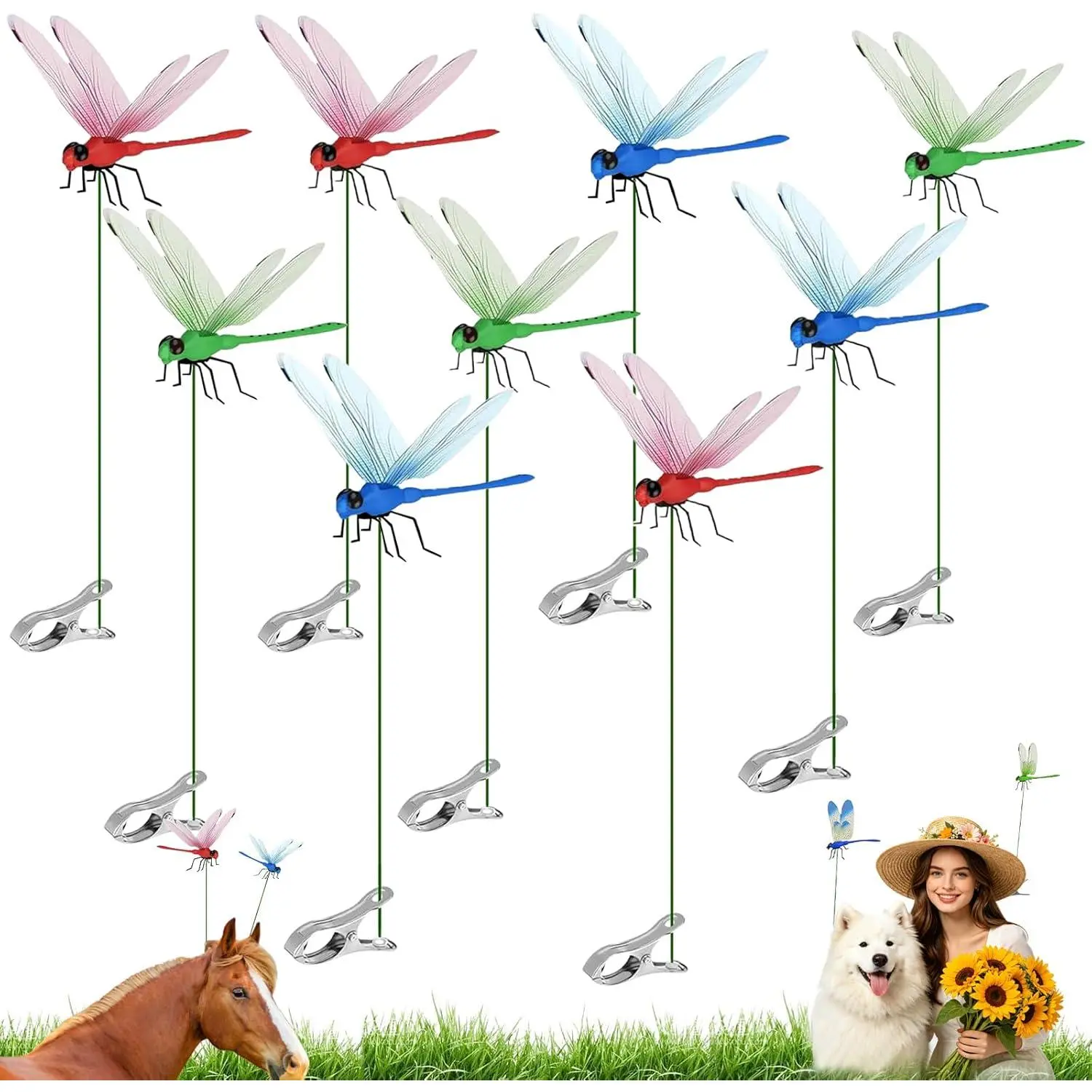 9 PCS Dragon Fly Clips for Bugs Repellent, Dragonfly Clip Bug Repellent, Dragonfly Clips to Keep Bugs Away for Garden Stakes Decor Yard Ornaments for Hat & Horse, Fly Scare Devices for Indoor Outdoor