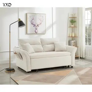 Pull-Out Foldable Sofa Bed, Corduroy Recliner Loveseat with Storage Pockets & Pillows, 2-Seater Convertible Sleeper Sofa for Small Living Room Bedroom, Modern Cozy Living Room Furniture