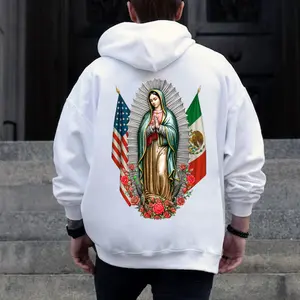 Virgen de Guadalupe Hoodie with USA & Mexico Flags, Hispanic Catholic Hoodie, Our Lady of Guadalupe Sweater, Mexican American Pride Gift, Unisex Faith Hoodie