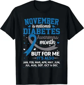 100% Cotton November is Diabetes Awareness Month Blue and Gray Ribbon T-Shirt