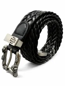 Women's Braided Belt, Vintage Style Rose Flower Punk Rock Handmade Belt, Cross Pendant High-End No-Hole Waist Belt, Fashion Accessory