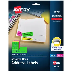 Avery Printable Address Labels with Sure Feed, 1" x 2-5/8", Assorted Neon Colors (Magenta, Green and Yellow), Laser & Inkjet Compatible, 450 Blank Labels Total (5979)