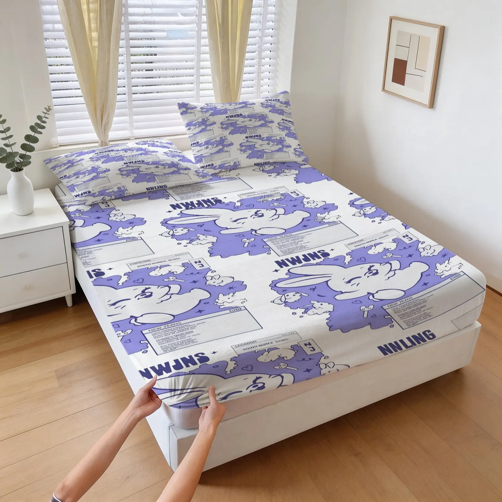 NWJNS Cartoon Bunny Decorative Fitted Sheet Set, Comfortable Printed Pattern, Includes 1 Fitted Sheet & 2 Pillowcases, Minimalist Korean Ins Style, Non-Slip For Bedroom, Ideal For K-POP Themed Room, Fan Support & Gift Collection