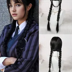 Wednesday Cosplay Wig For Girls Accessories Wig Braid For Princess Clothing Dress Up Accessory,Black Braided Wig With Bangs,Halloween Costume Wigs For Women,Synthetic Heat Resistant Wigs