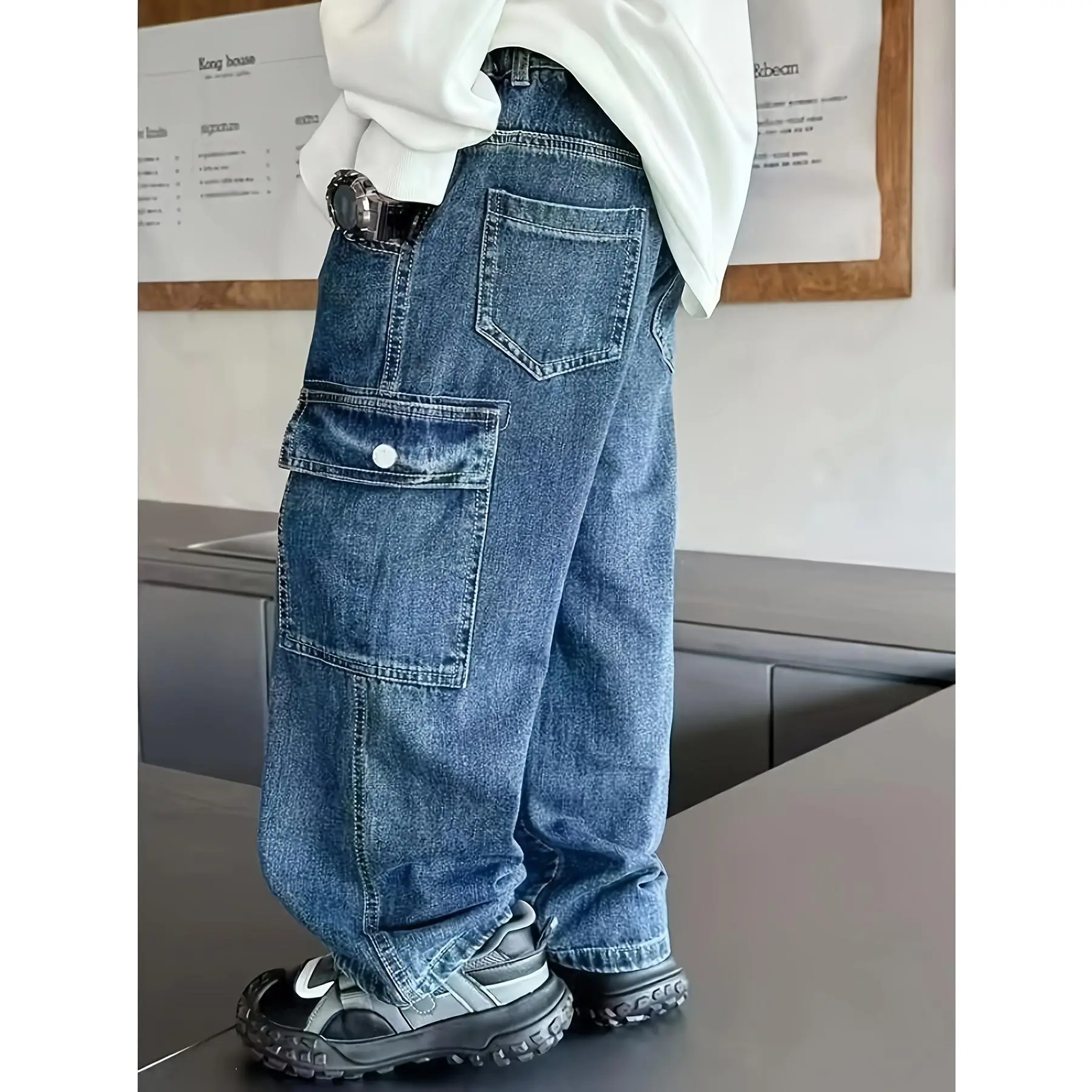 2026 New Boys' Plain Polyester Faux Denim Cargo Pants - Loose-Fitting Street Style, Machine Washable, Non-Stretching, Cargo Pockets, Basic Casual Wear, Spring Autumn Outfits for 7-8y,9-10y,11-12y,13y,14-15y Big Kids