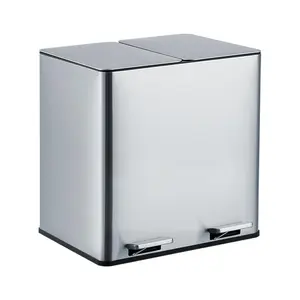 Kitchen Trash Can 2x4 Gallon Rectangular Kitchen Waste Bin Dual Separate Compartment Recycle Bin with Removable Plastic Inner Buckets Soft Step-on with Lid Stainless Steel Wall