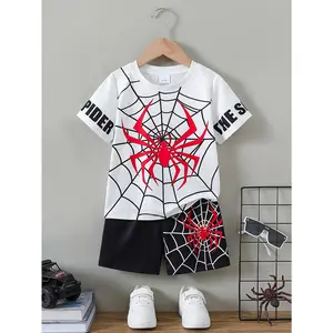 2pcs Boys Casual Dazzling Cool Spider Graphic Print Short Sleeve T-Shirt And Shorts Set, Comfy Summer Boys Clothes, for Outdoor