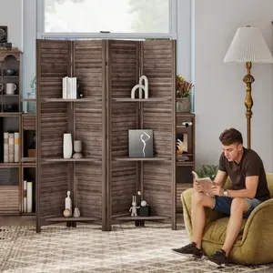 【US-based sellers】4 Panel 67" Tall Wood Privacy Screen Room Divider with 3 Shelves and Folding Storage for Bedroom, Walnut