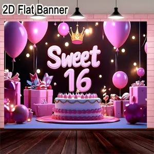 2D flat banner, Birthday party decorations, 1pc Sweet 16 Birthday Celebration Decoration Set with Pink Frosted Cake and Gold Accents, Pink Gift Boxes with Bows, Glossy Balloons, Golden Crown Hanging Decor, 'Sweet 16' Letters for a Party Ambiance