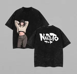 Hinata x Naruto Anime Double Printed Vintage Washed Tee Unisex Oversize Heavyweight Cotton T-shirt for Anime Fans and Lovers
