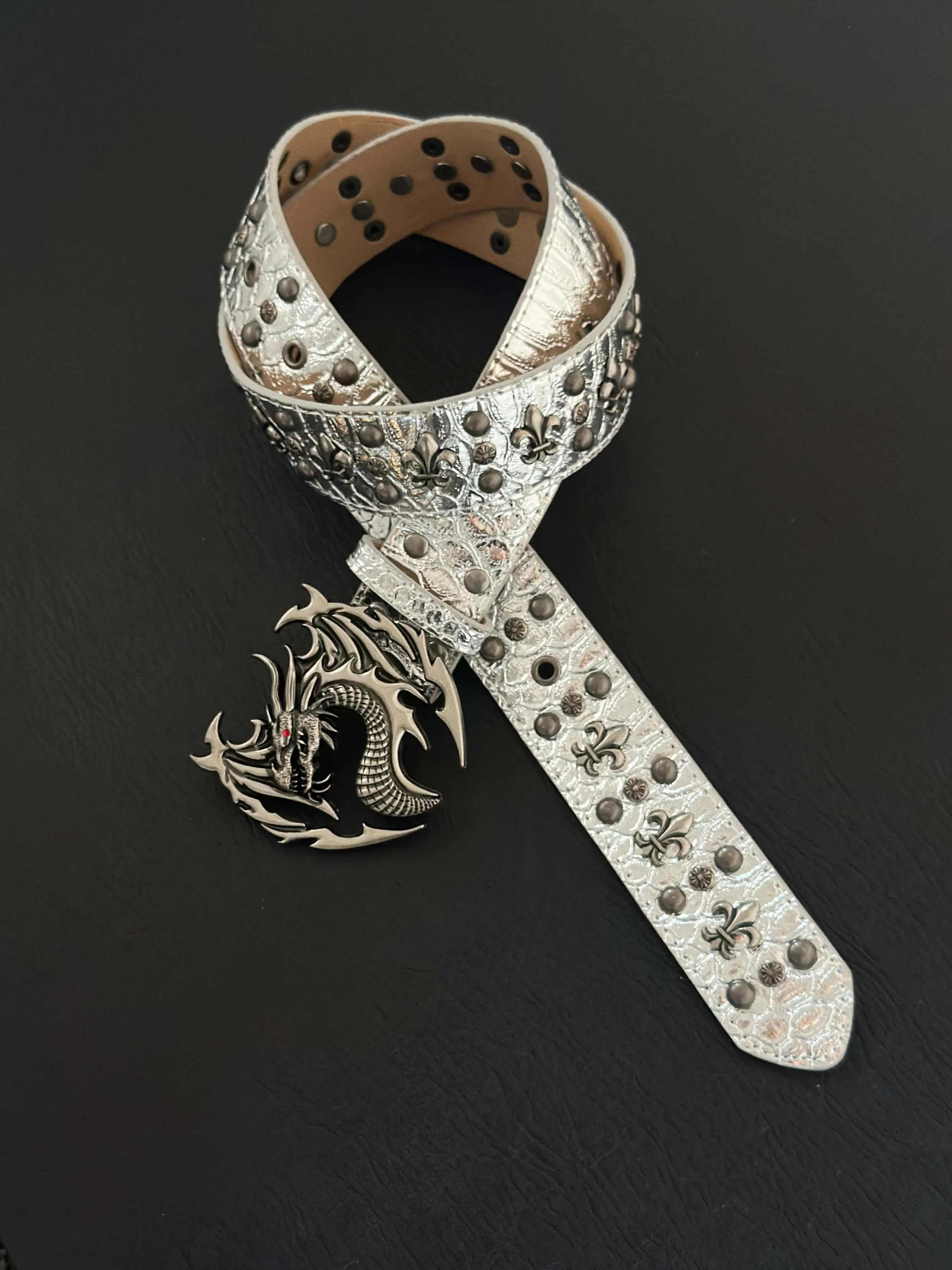Chinese Style Vintage Silver Color Dragon Head Rivet Decorated Belt, Cool Belts, Handmade Punk Hip Hop Fashion Leather Waistband, Unisex Streetwear Accessory, Pu Leather Belts