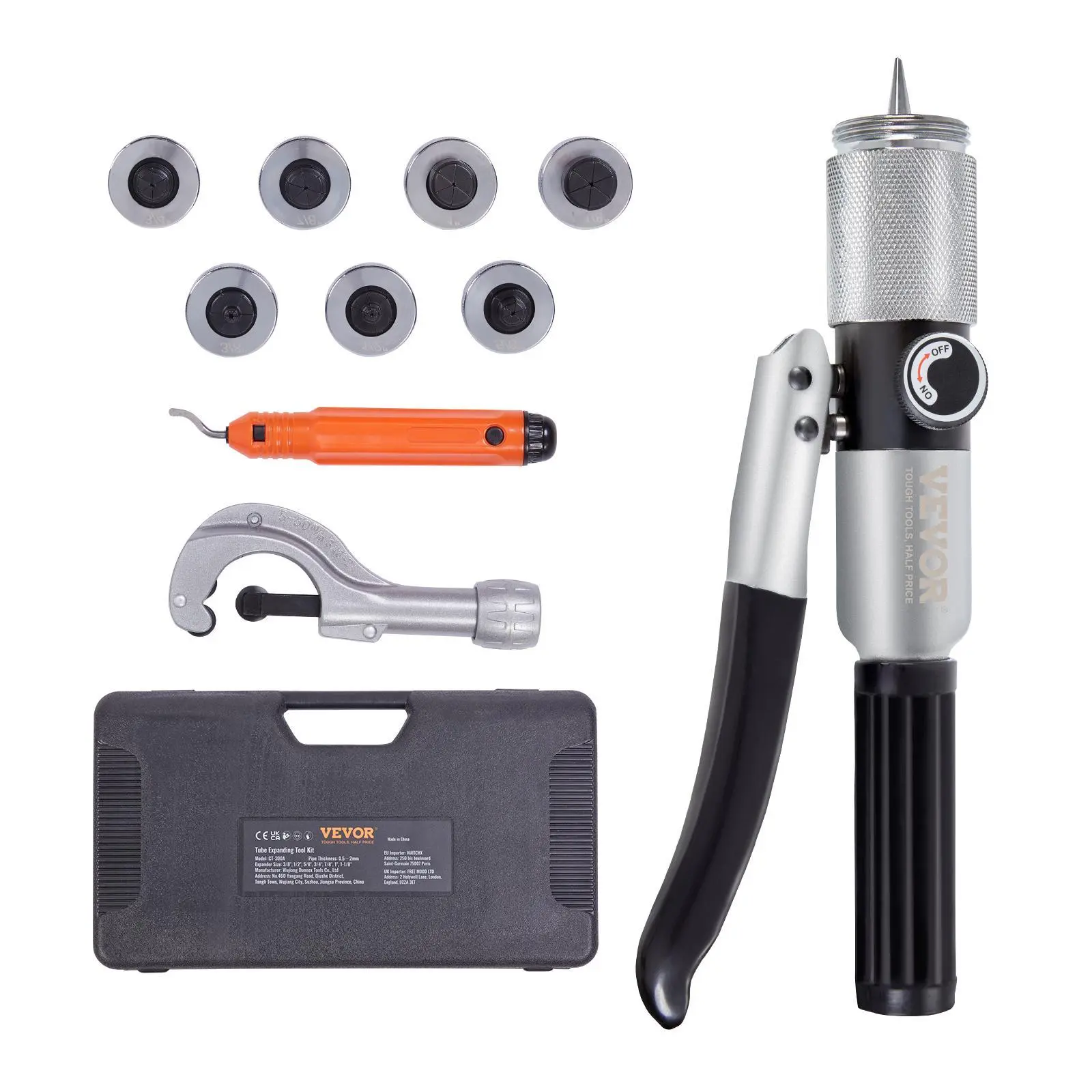 【Summerfinds】VEVOR Hydraulic Tube Expander,  , 3/8" to 1-1/8" OD, HAVC Hydraulic Swaging Tool with 7 Pipe Expander Heads, Deburring Tool, Pipe Cutter for Copper Aluminum Brass Soft Steel Pipes