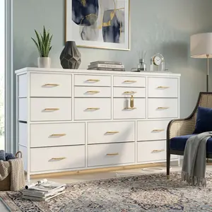 16 Drawer Long Dresser with Wood Top, Sturdy TV Stand with Power Outlet & USB Ports, Media TV Console Table with Storage, Cream White, Suitable for Bedroom/Living Room Home Decor