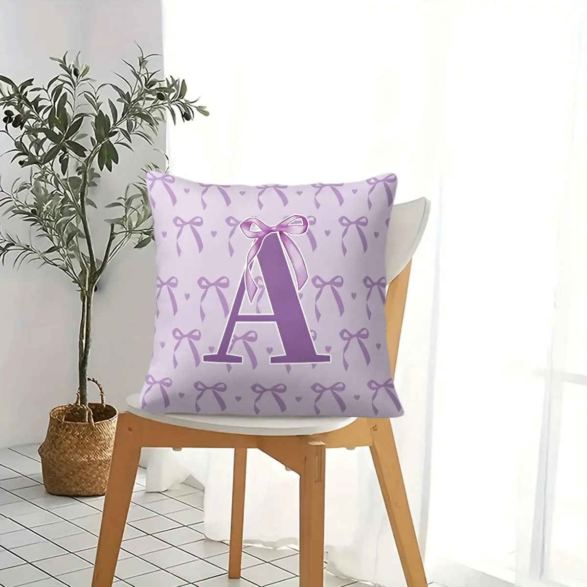 Purple Bow and Letter Print Throw Pillow With Filling, Made Of Durable Fabric That Won'T Pill or Shrink, Versatile for Any Home DeCor, Perfect for Adding A Touch Of Girly Style to Bedrooms, Living Rooms, Soft Padded Cushion, Comfy Cushions