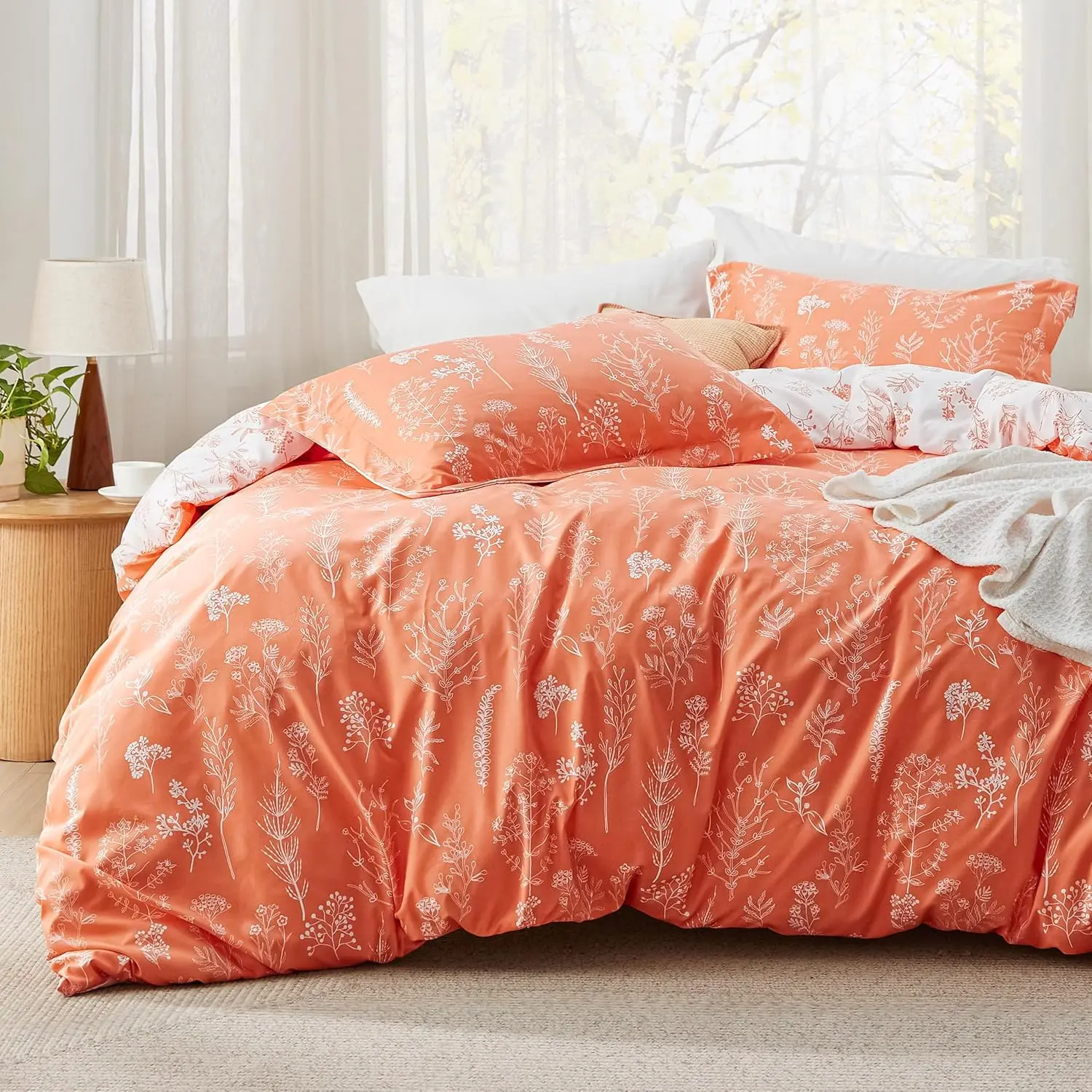 Queen Comforter - Coral Orange, 3 Cute Floral, 1 Botanical Flowers Comforter and 2 Pillow Shams