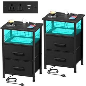LAKEMID Multi-Functional Night Stand with Built-In Charging Hub – LED Illuminated Drawers, 2 Storage Compartments & AC Outlets