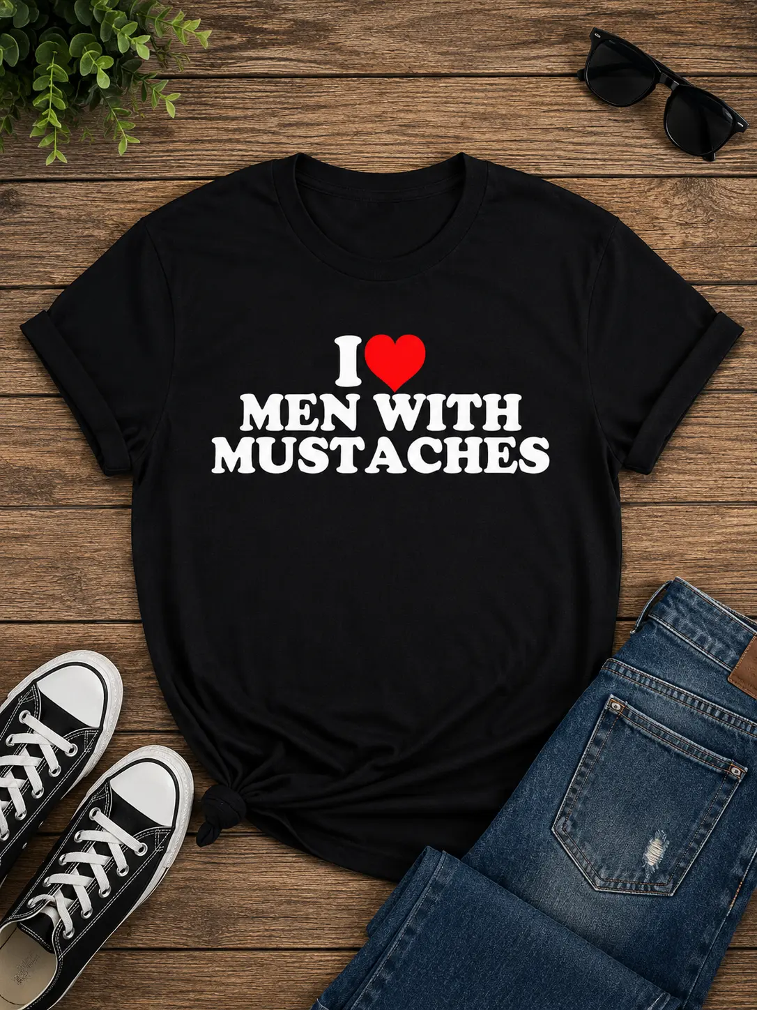 Women's Streetwear Graphic T-Shirt with "I Love Men With Mustaches" Print - Soft 100% Cotton, Basic Short-Sleeve Style for Everyday Wear, Made in USA