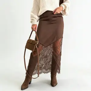 Women's High Waist Lace Patchwork Maxi Skirt, Elegant A-Line Flowy Long Skirt with Lace Trim,  Boho Casual Party Beach Vacation Skirts