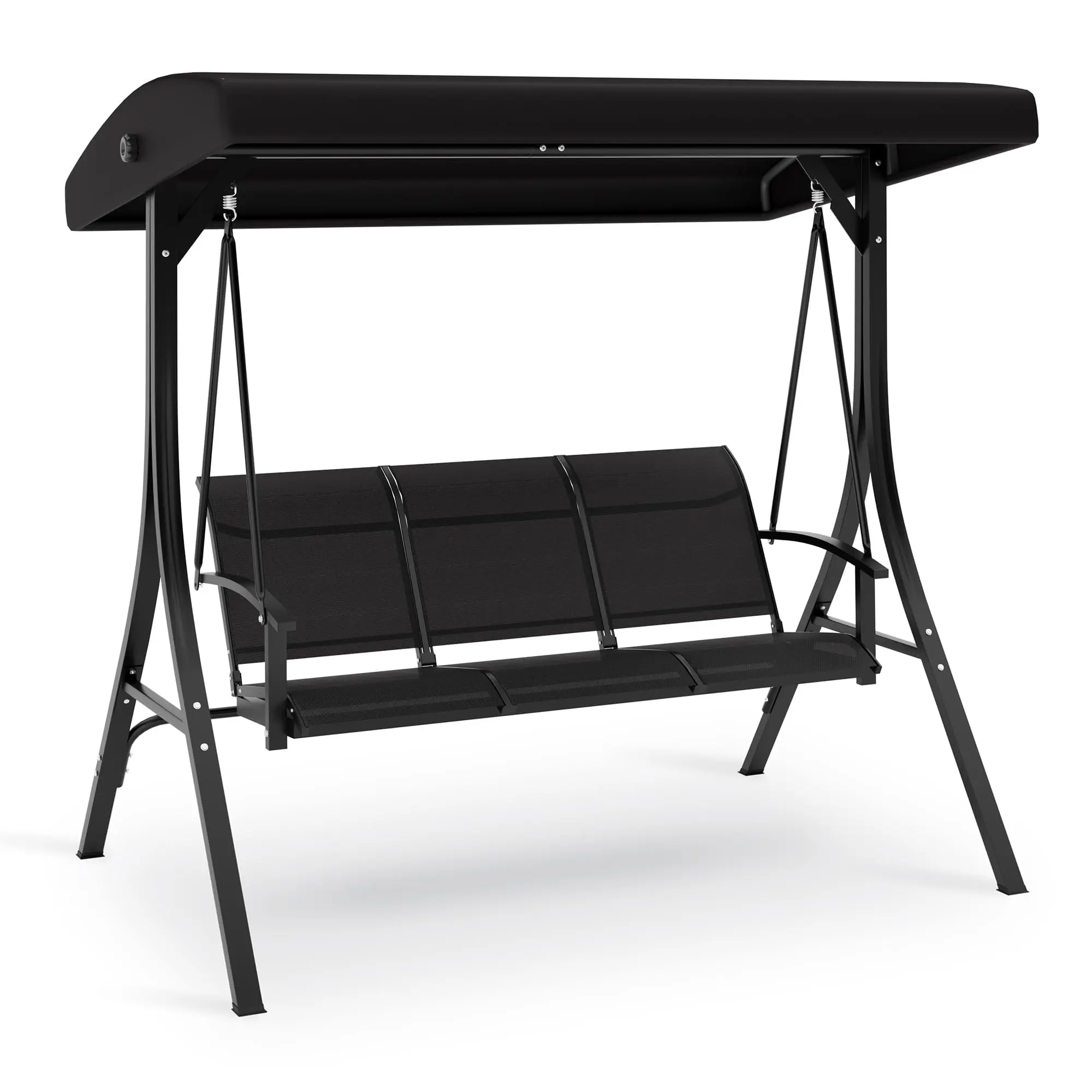 Garvee 3-Seat Outdoor Porch Swing, Heavy-Duty Patio Swing with Stand & Adjustable Canopy, Metal Frame with Removable Cushions, Powder-Coated Steel Frame, for Backyard, Garden, Porch - Black