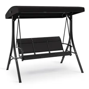 Garvee 3-Seat Outdoor Porch Swing, Heavy-Duty Patio Swing with Stand & Adjustable Canopy, Metal Frame with Removable Cushions, Powder-Coated Steel Frame, for Backyard, Garden, Porch - Black