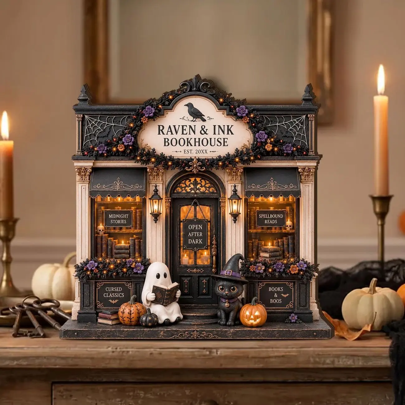 Halloween Bookstore Wooden Block Decor, Gothic Bookshop Shelf Sitter, Ghost Reading Cat Decor, Dark Academia Halloween Gift