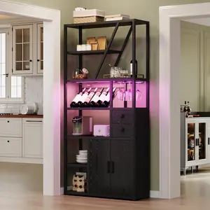 Garvee Elegant Wine Bar Cabinet with Ample Storage, Integrated Glass Holder, and Ambient LED Lighting - Stylish Sideboard Home Bar Perfect for Living Room Entertaining and Display