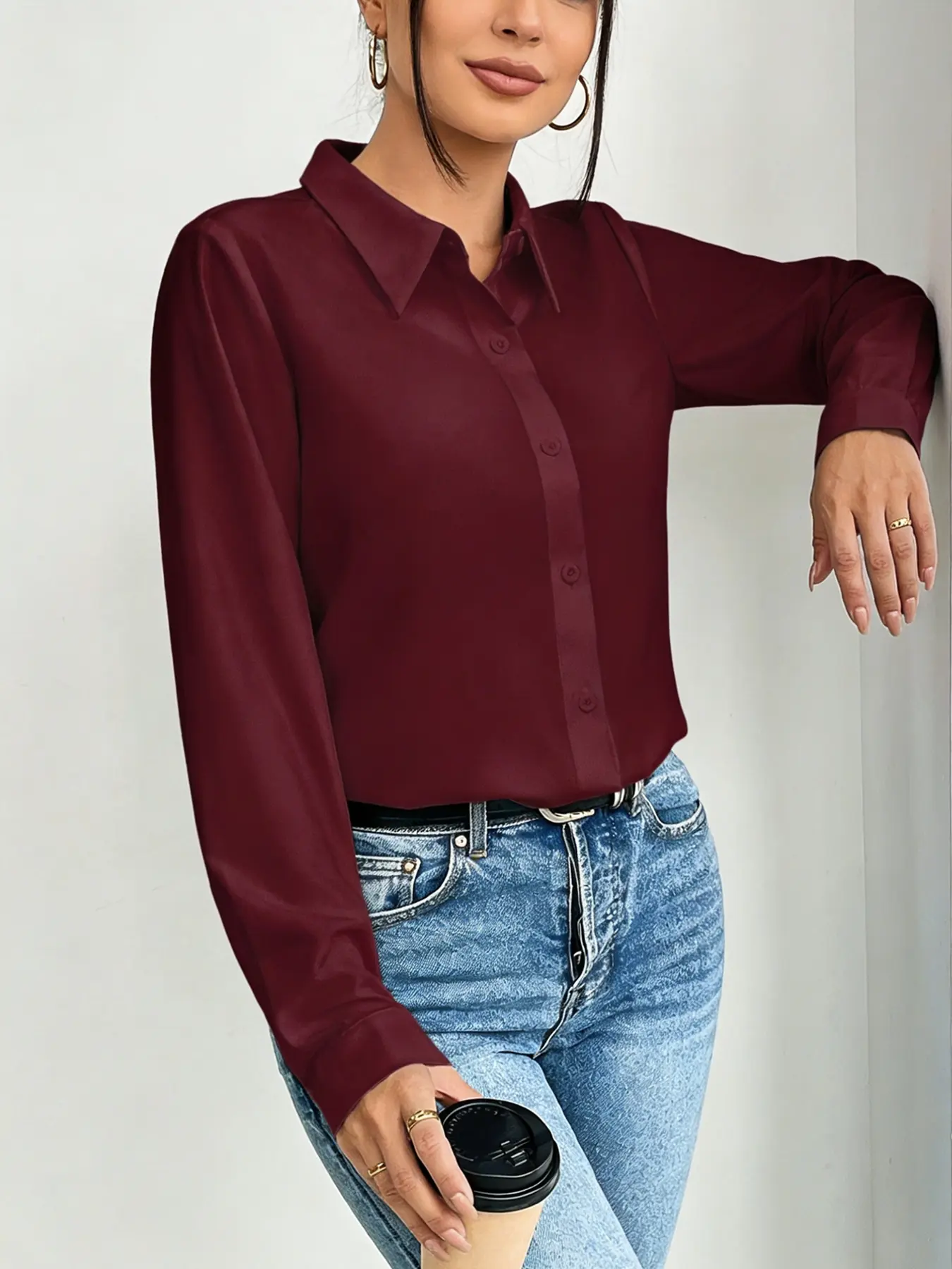 A fashionable and smooth satin professional Long Sleeve Loose Blouse shirt for women, with satin fabric that is skin friendly and suitable for commuting, shopping, and outdoor wear