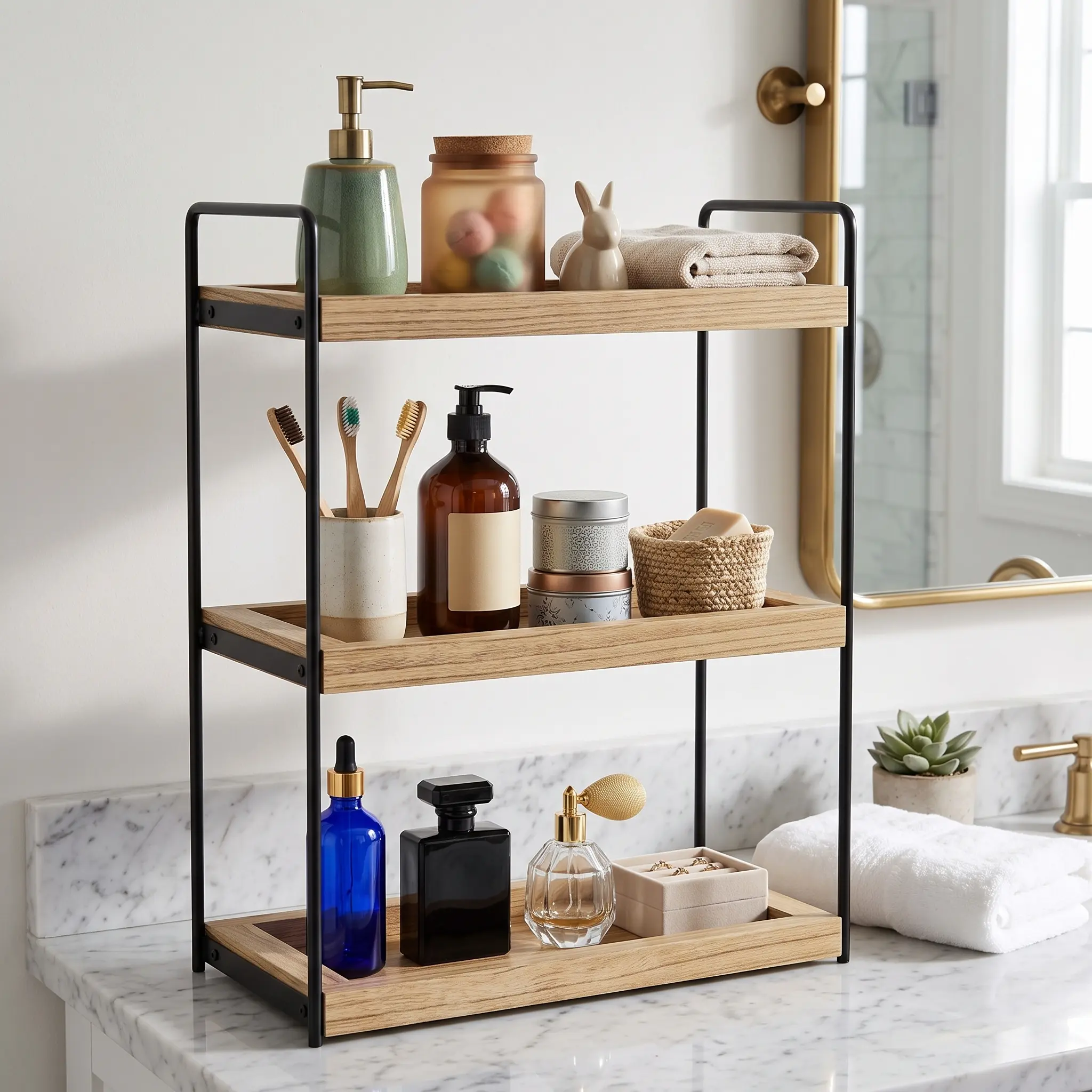 3 Tier Bathroom Counter Organizer Vanity Storage Shelf Makeup Skincare Rack Brown