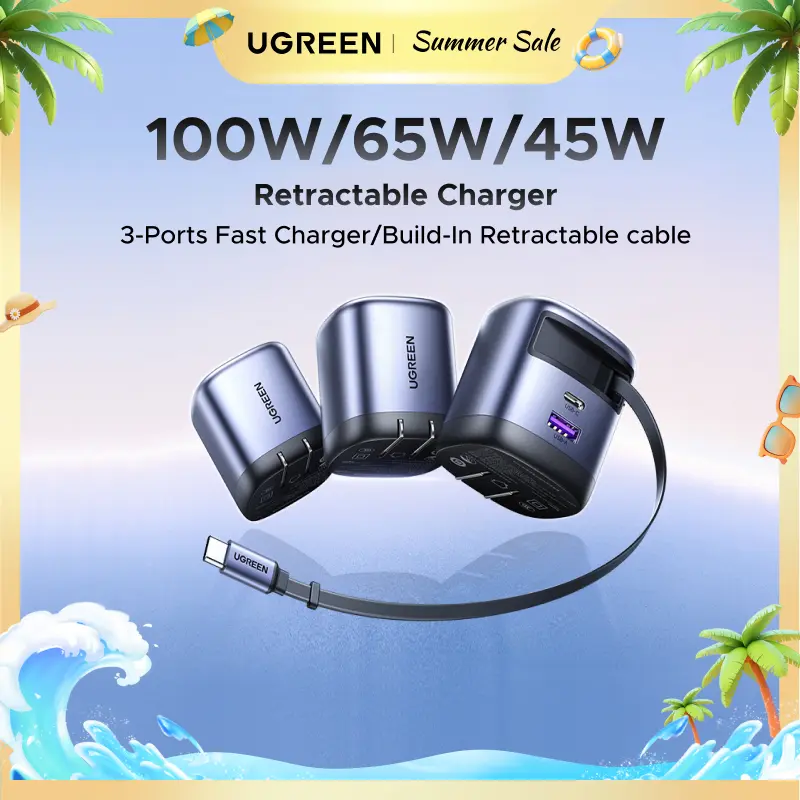 UGREEN 45W/65W/75W/100W 3 in 1 Compact GaN Charger, Retractable USB C Fast Wall Charger with Foldable Plug, Compatable for iPhone 17/16 Series, Galaxy, Pixel, iPad-Cellphone Electronic portable charger,Summer Sale